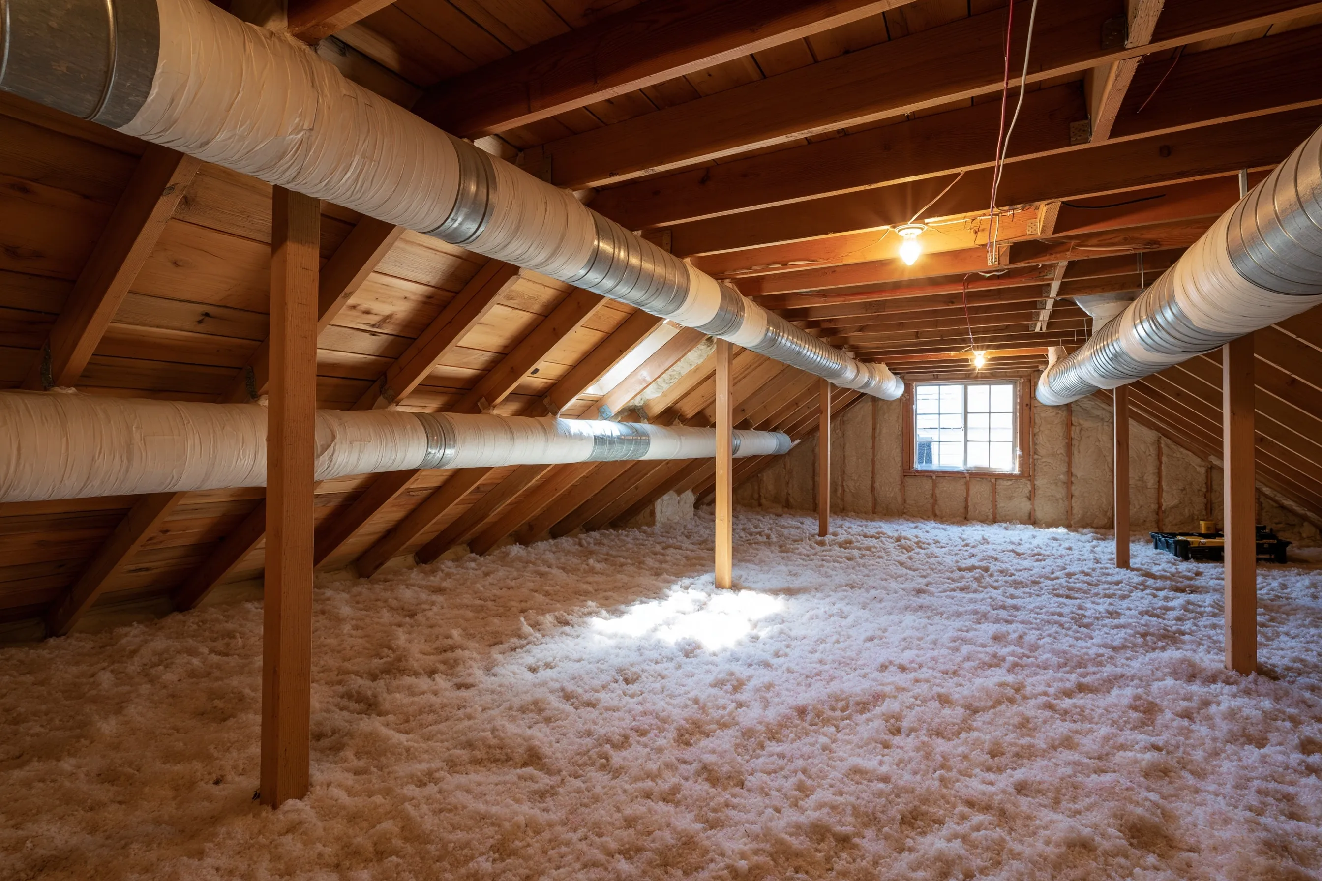 Attic with round metal ducts wrapped in white insulation and metal bands, board roof sheathing, a gable window and loose insulation on the floor